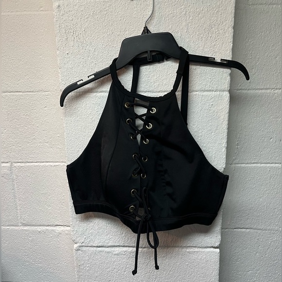 Cacique Black Lace-Up Halter Crop Swim Top - Picture 1 of 3